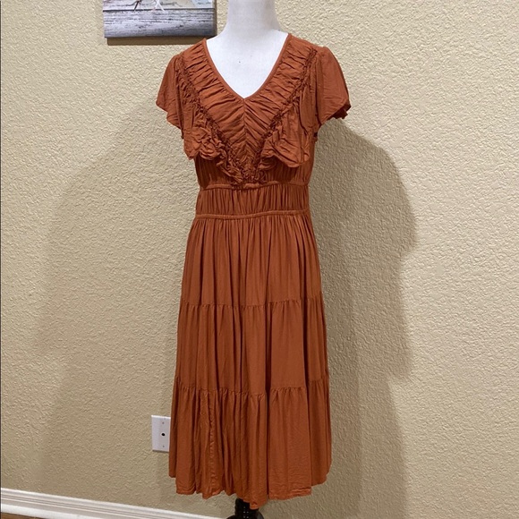 Just Class Dresses & Skirts - Orange Ruched V-Neck Midi Sundress